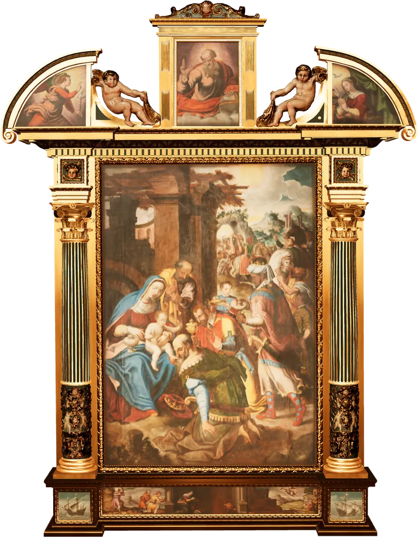3D model of the gilded Altar of the Three Kings with its central painting of the Adoration, lit warmly