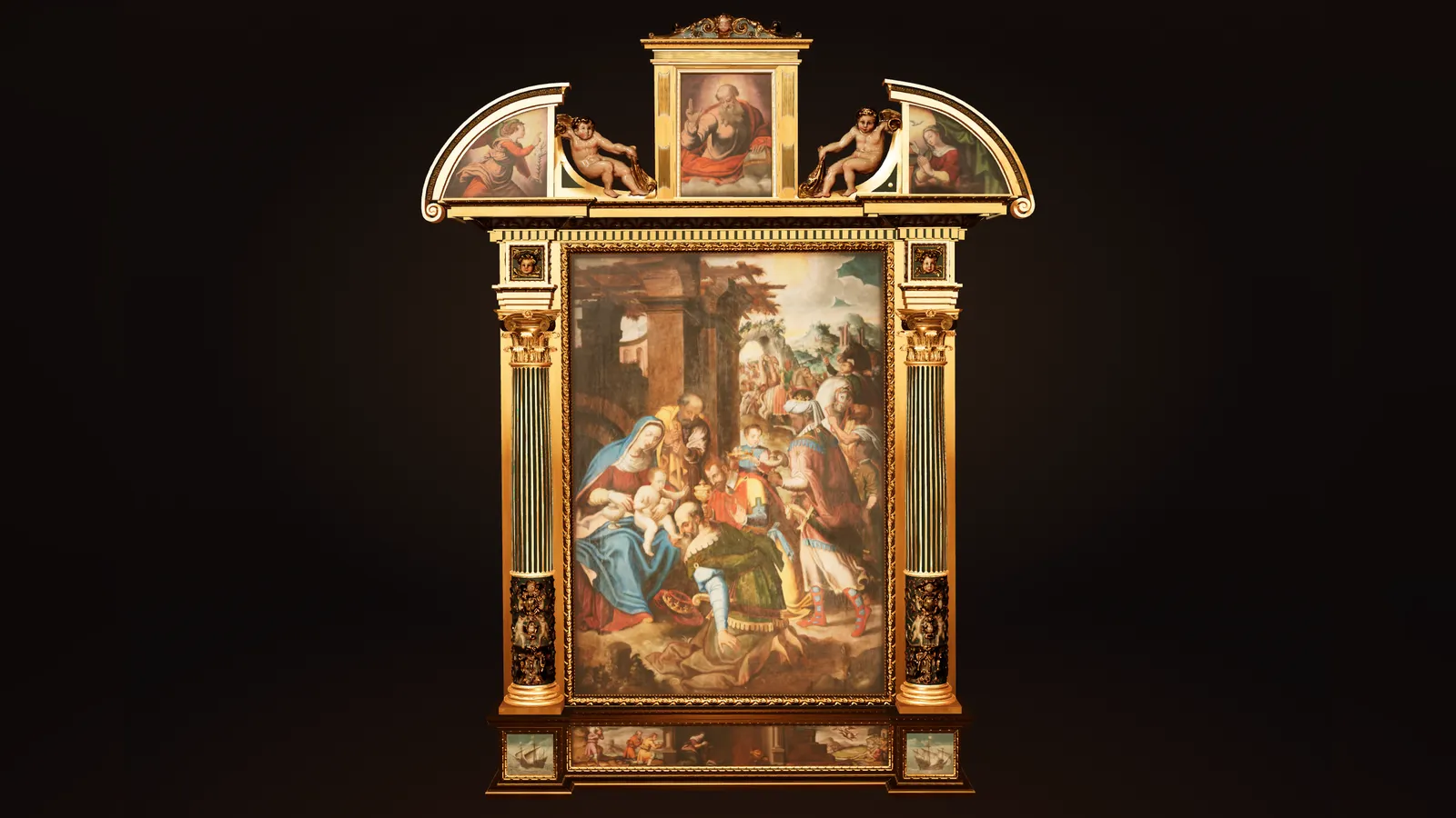 The 3D model of the Altar of the Three Kings: the gilded frame and columns around the Adoration of the Magi, with smaller paintings above and below.