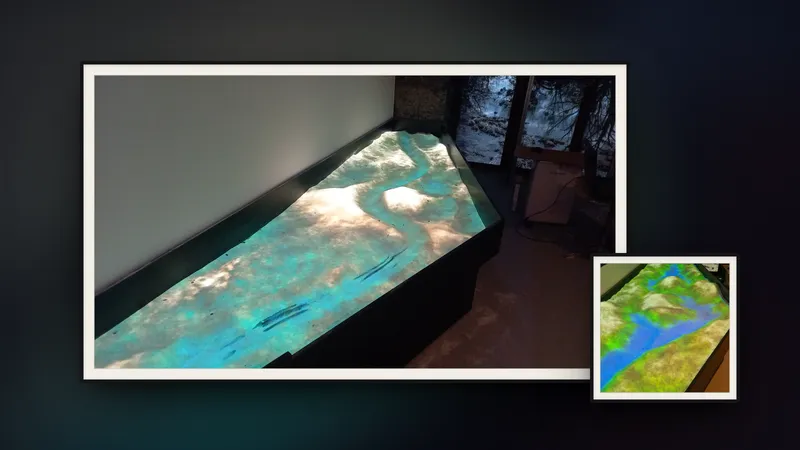 The Augmented Reality Sandbox in two framed photographs: a river and hills projected onto shaped sand, and contour colours with blue water in close-up.