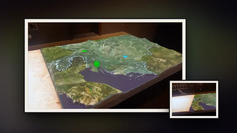 The Austria-Hungary relief in two framed photographs: satellite terrain projected onto the physical model in a dark room, with points of interest lit up.