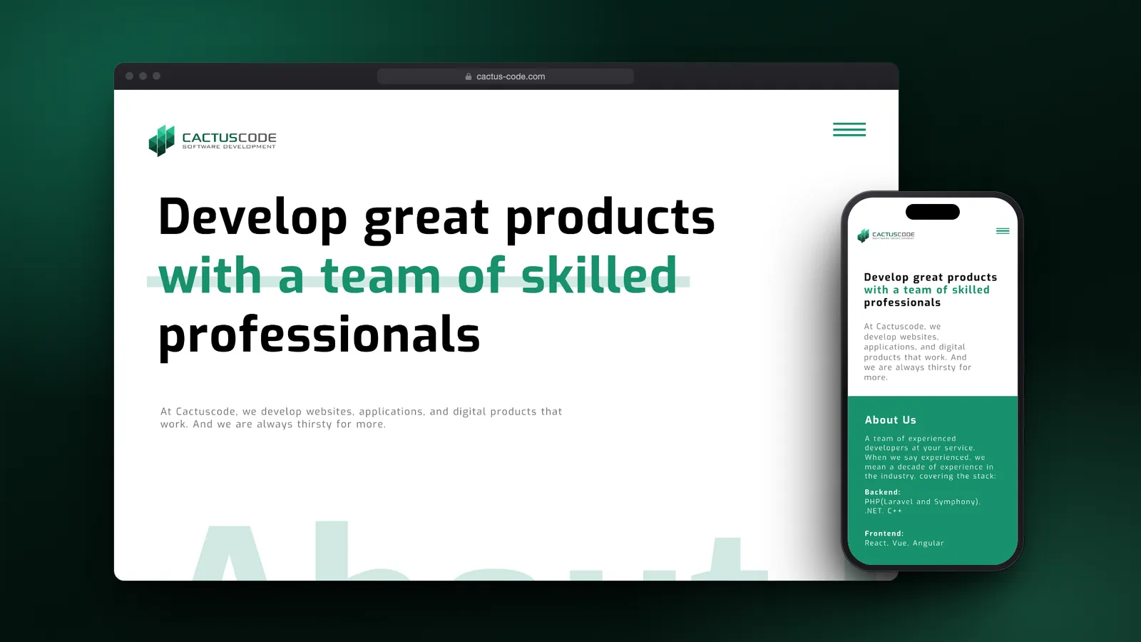 The Cactus Code website in a browser and on a phone: the green cactus logo above the headline 'Develop great products with a team of skilled professionals'.