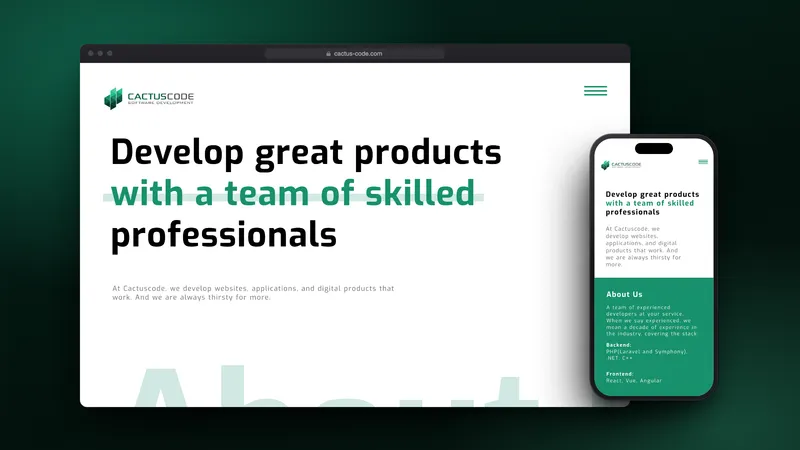 The Cactus Code website in a browser and on a phone: the green cactus logo above the headline 'Develop great products with a team of skilled professionals'.