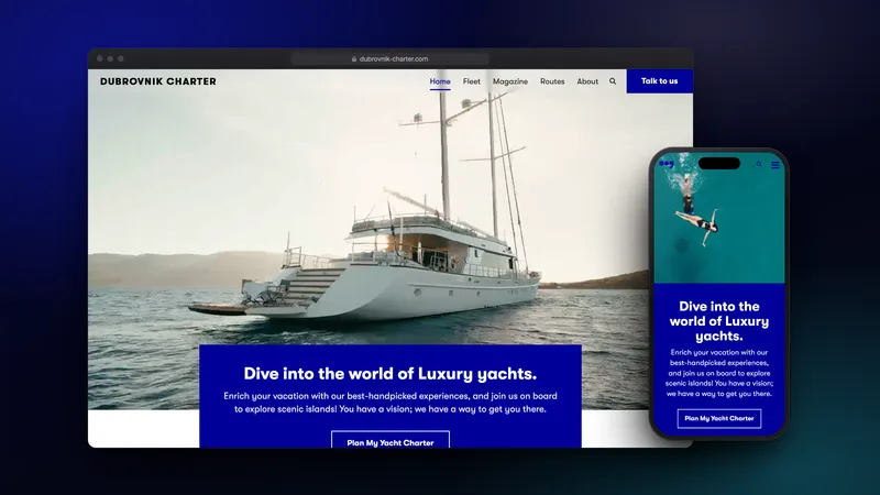 The Dubrovnik Charter home page in a browser and on a phone: a two-masted yacht at anchor and a swimmer in turquoise water, under the blue 'Dive into the world of Luxury yachts' panel.