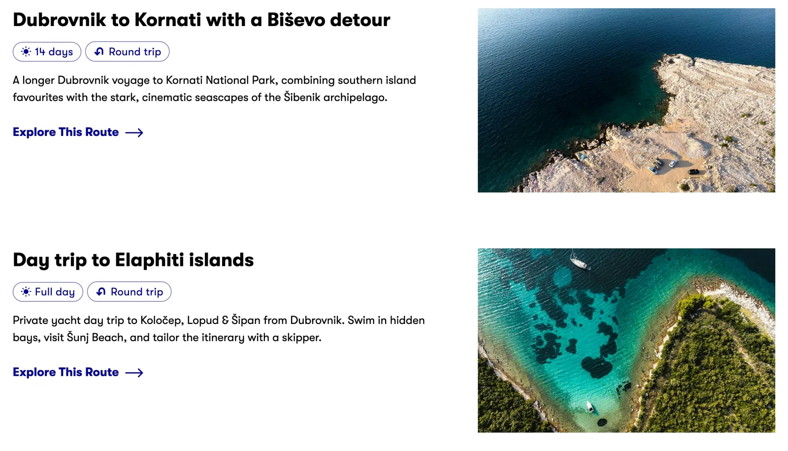 The routes page: route cards for a Kornati voyage and an Elaphiti islands day trip, each with an aerial photo.