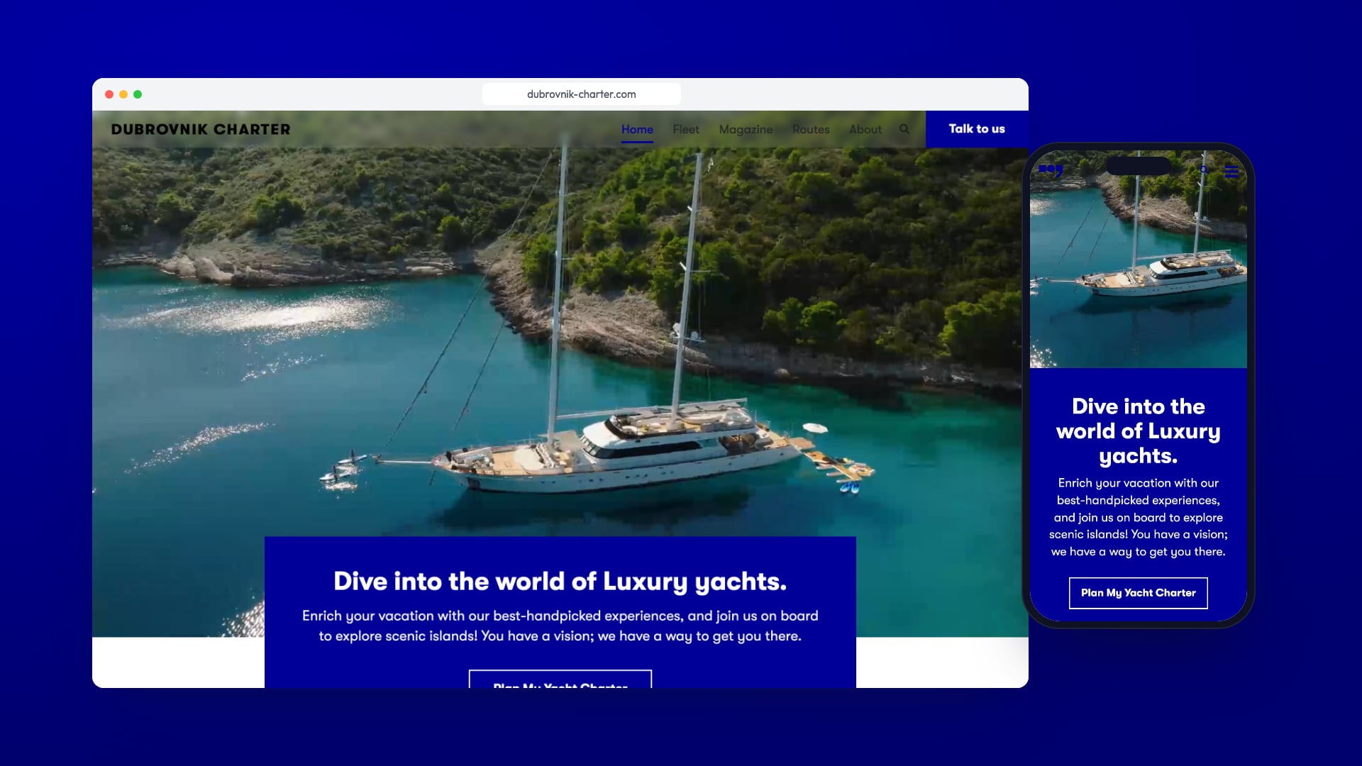Dubrovnik Charter home page on a laptop and a phone: an aerial photo of a sailing yacht in a green cove under a blue intro panel.