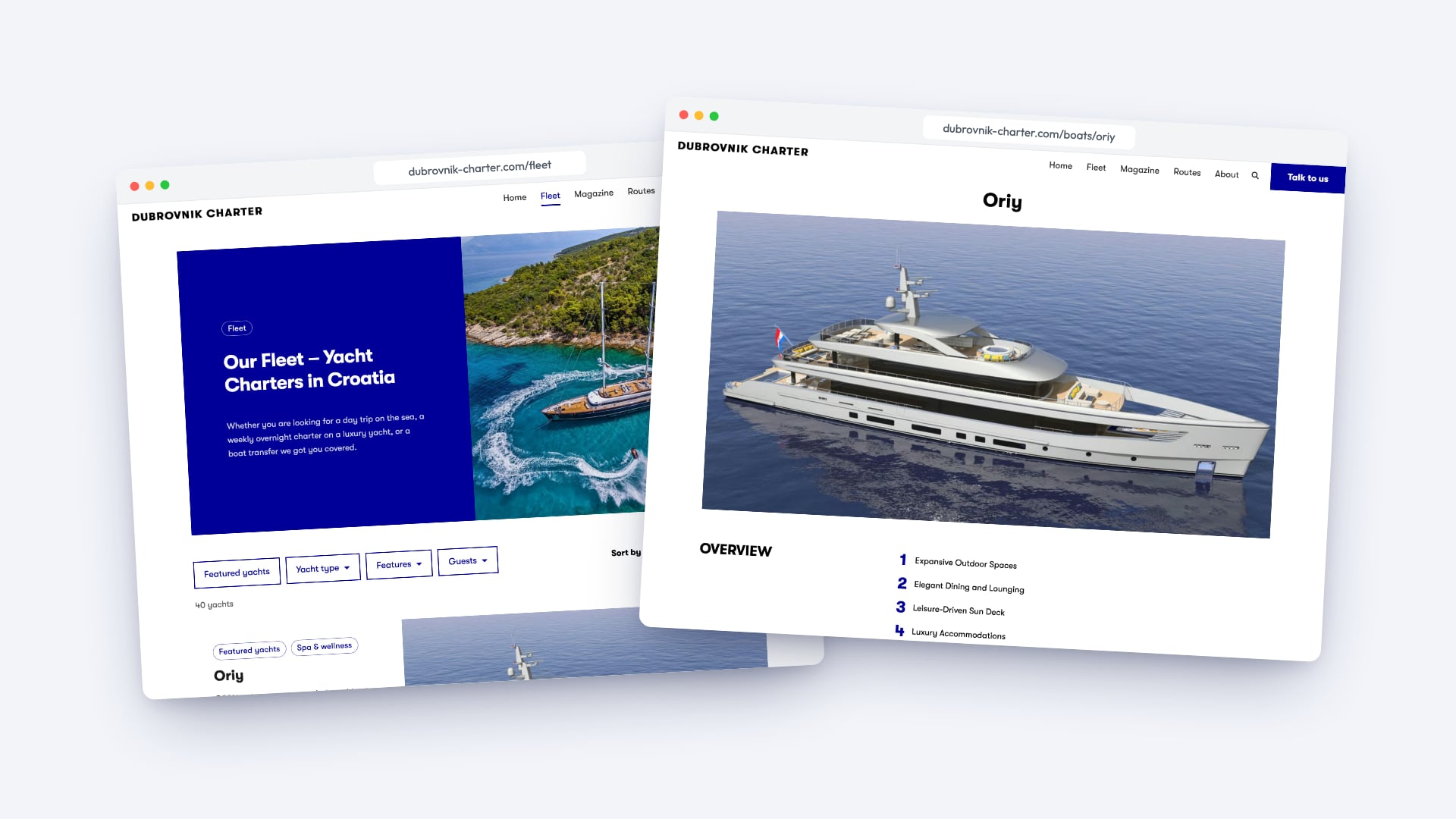 The fleet page and the Oriy yacht page side by side.
