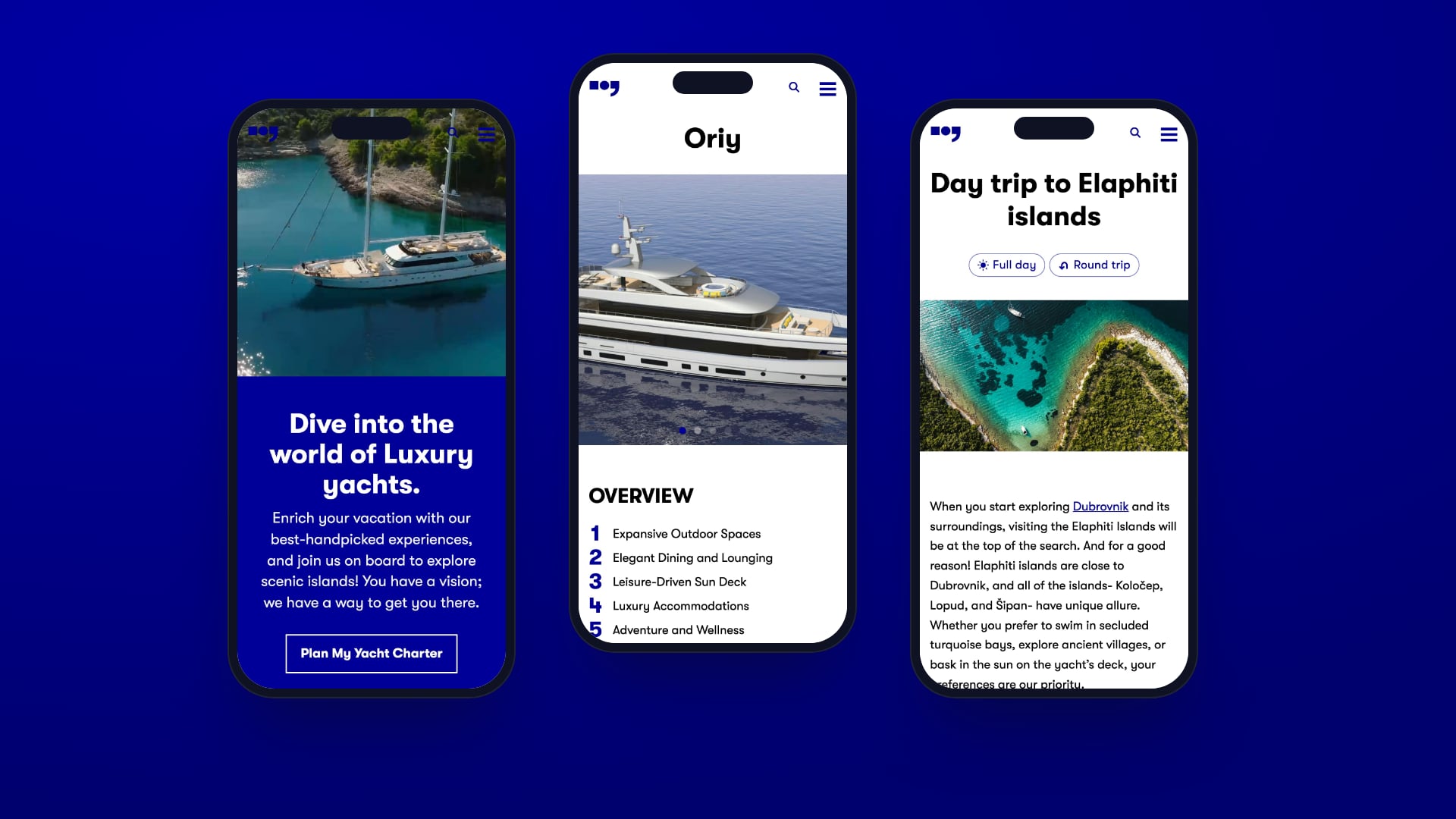Three phones showing the home page, the Oriy yacht page and the Elaphiti islands route.