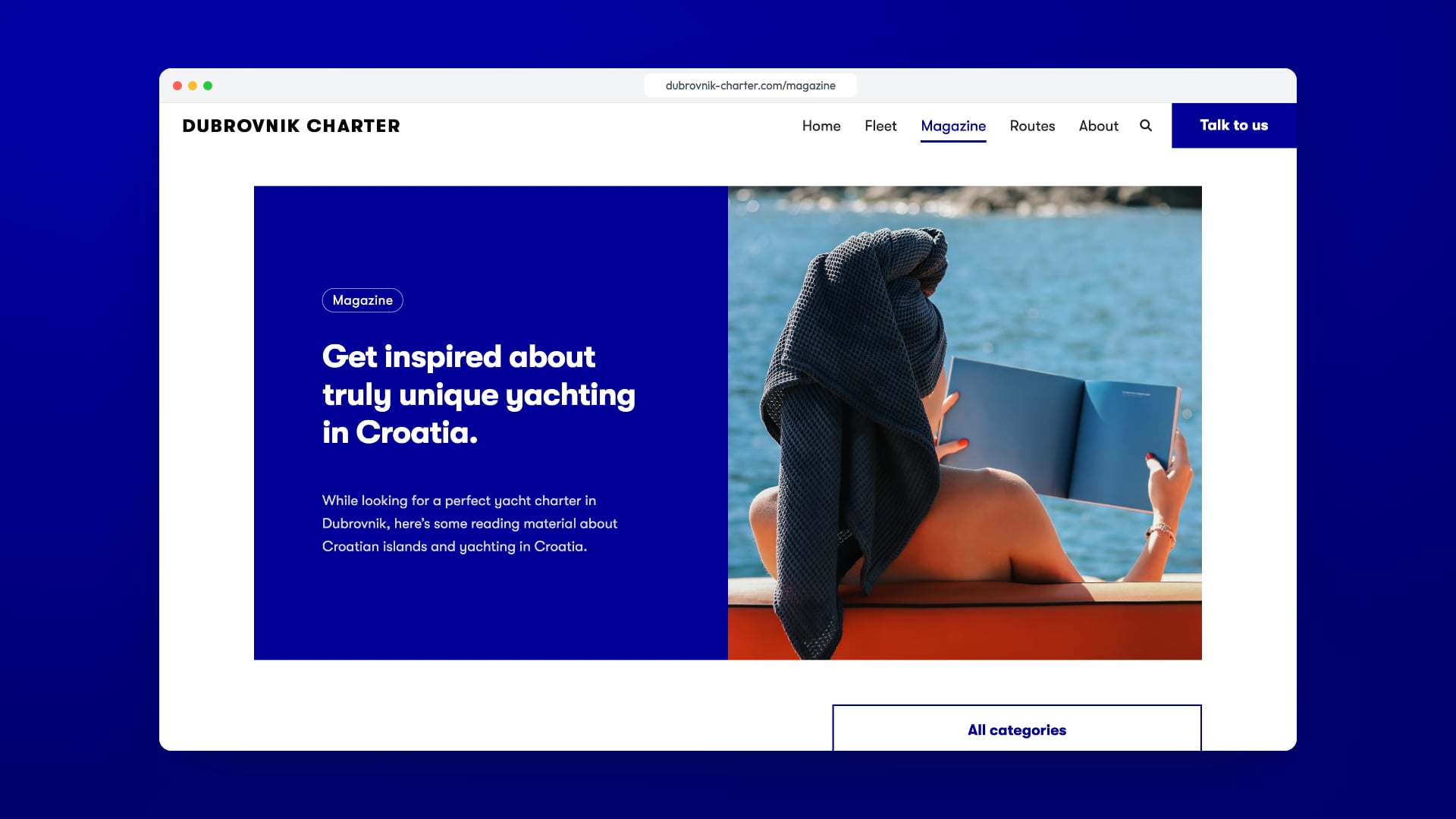 The magazine page: a blue panel next to a photo of a woman reading on a yacht deck.