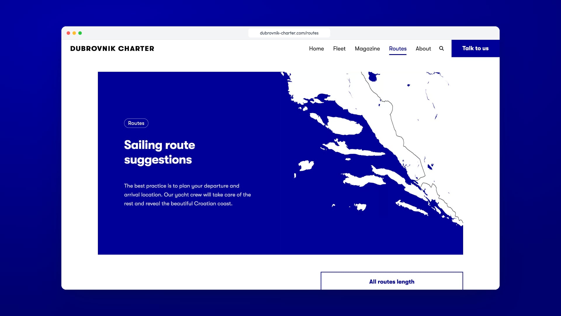 The routes page with a map of the Croatian coast.