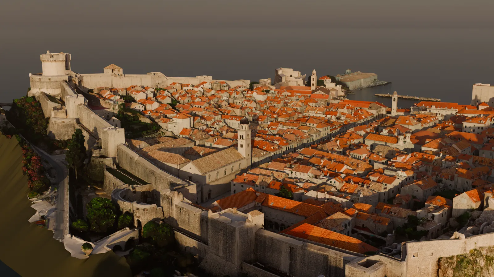 Dubrovnik's Old Town at golden hour, rendered from the photogrammetry model: the western City Walls and Minčeta Tower above the red roofs, with the old port beyond.