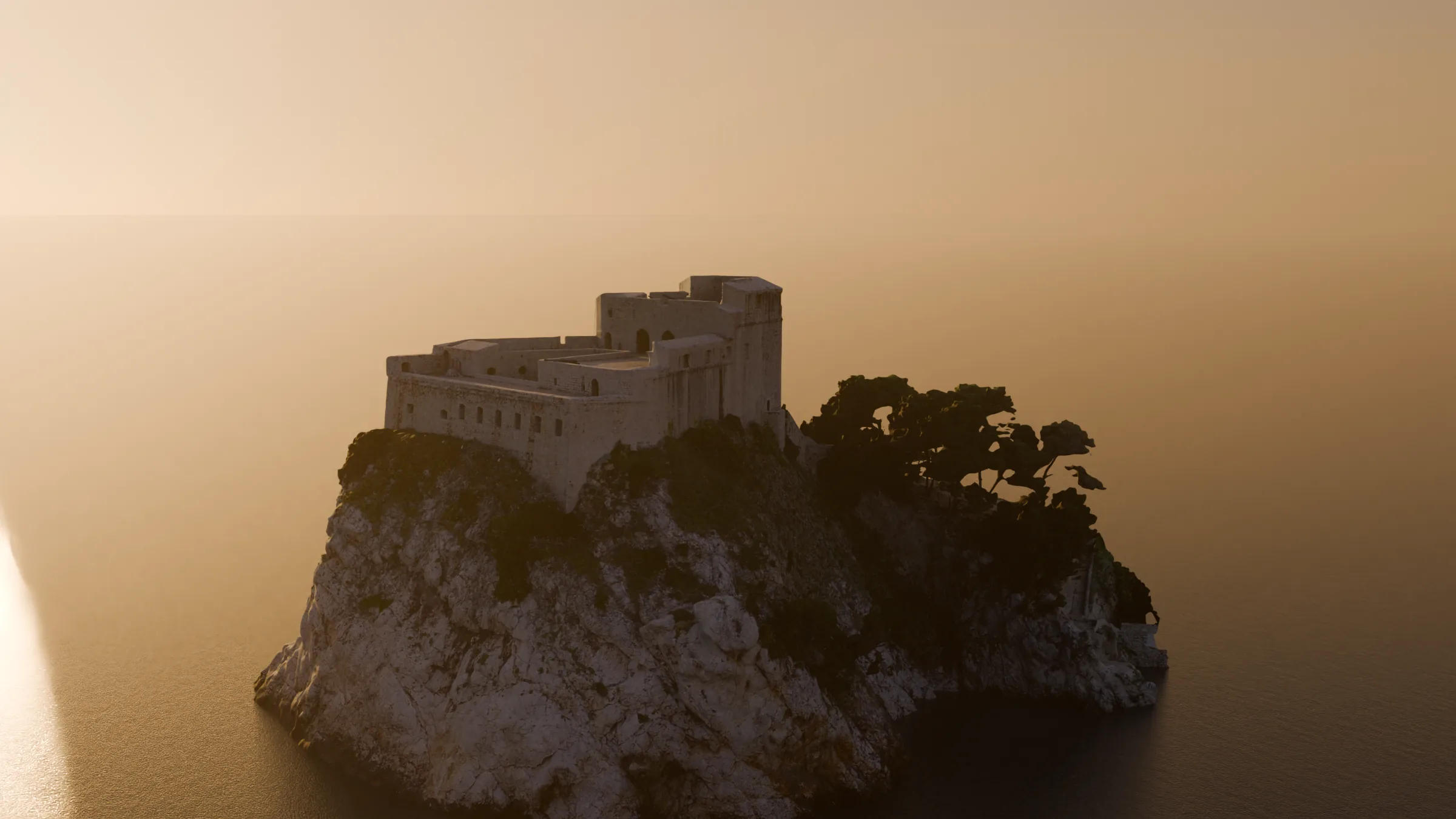 Fort Lovrijenac on its rock above the sea, against the setting sun, rendered from the photogrammetry model