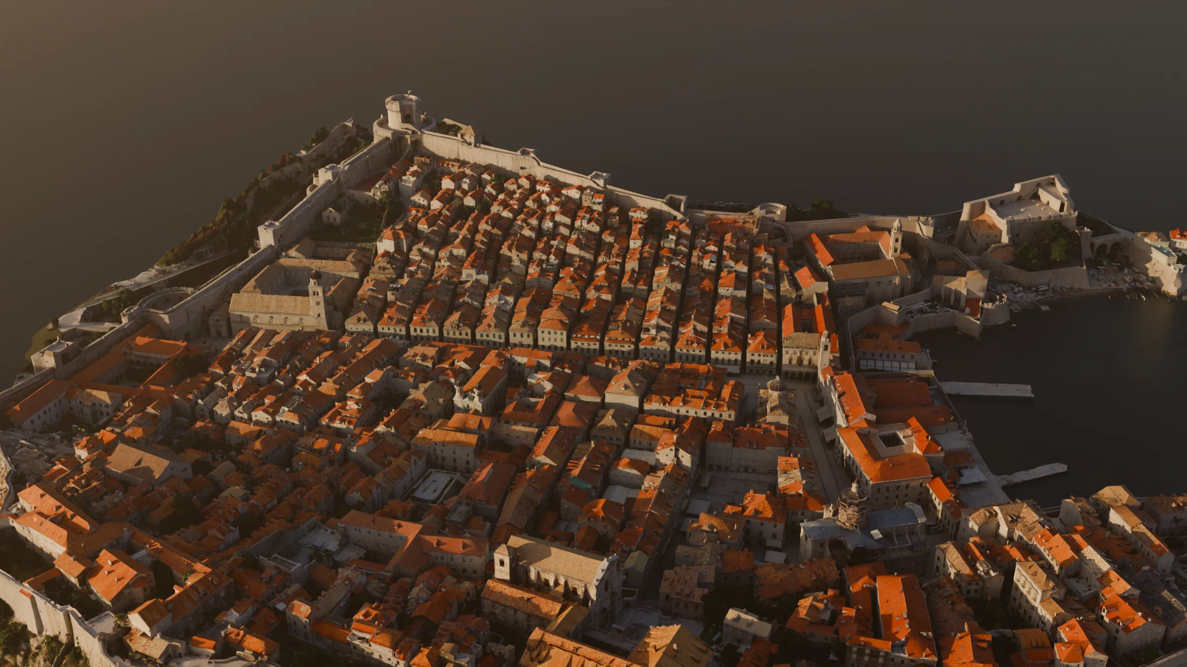 The photogrammetry model of Dubrovnik from high above the sea at golden hour: the Old Town’s roofs and streets inside the City Walls, with the old port to the right