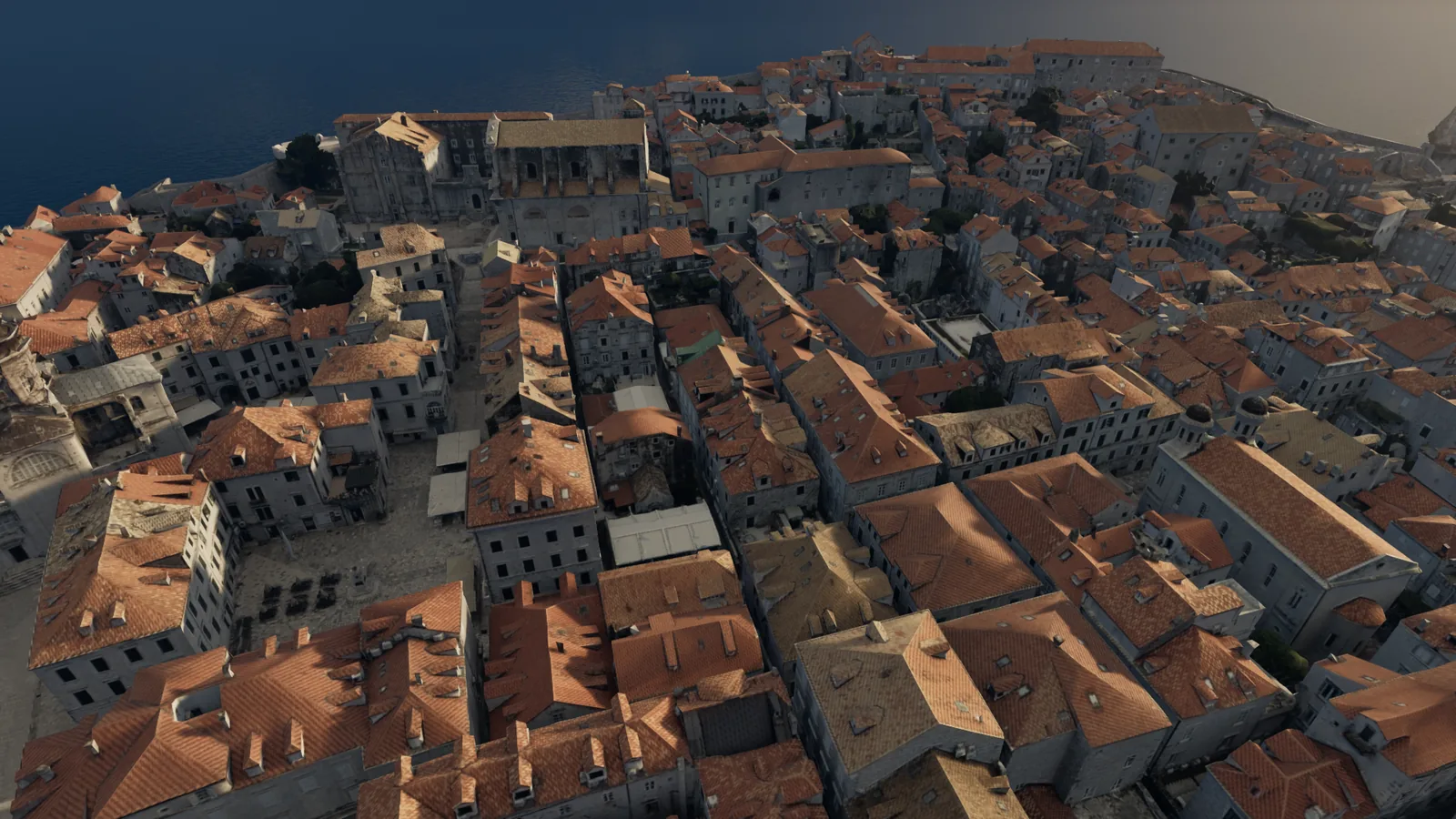 A frame from the flight: the Old Town's rooftops from low above, rebuilt from photogrammetry.