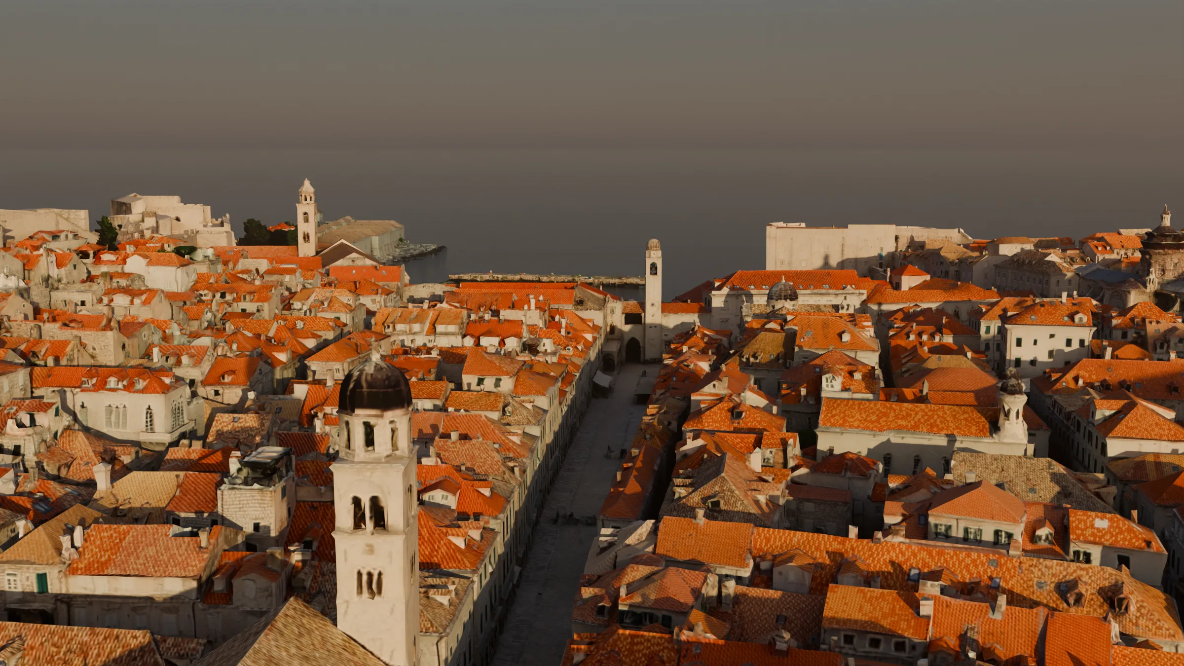 The model from above the Pile Gate: the Franciscan bell tower and the Stradun running east between the roofs towards the old port