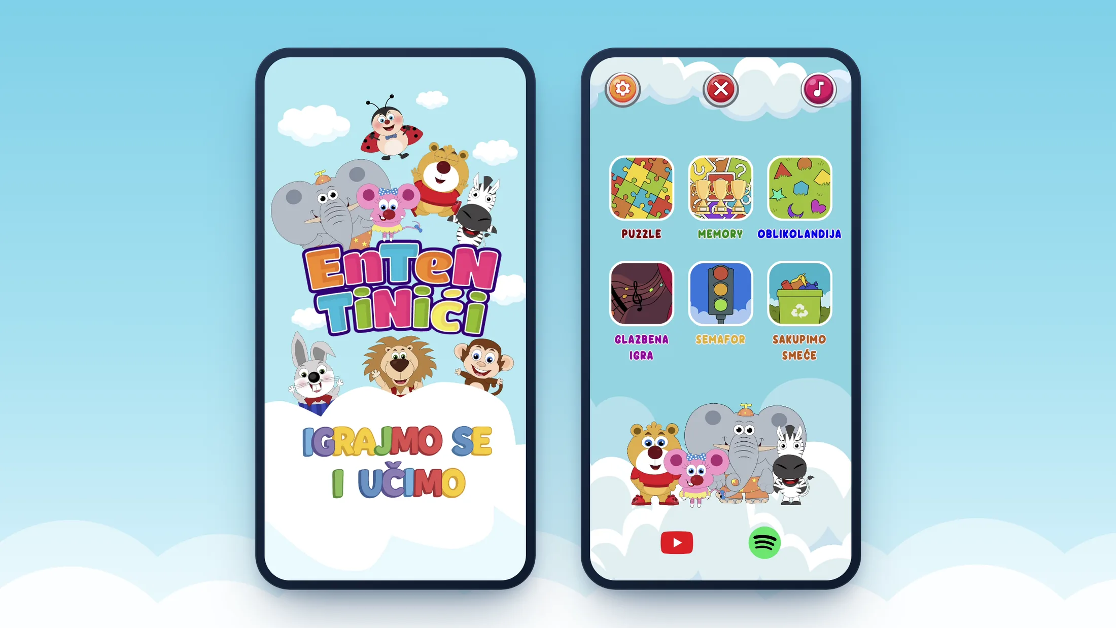 Two phones on a sky-blue background: the EnTenTinići title screen with the cartoon animals and “Igrajmo se i učimo”, and the menu with six colourful game tiles above Bruf, Ena, Ten and Tina.