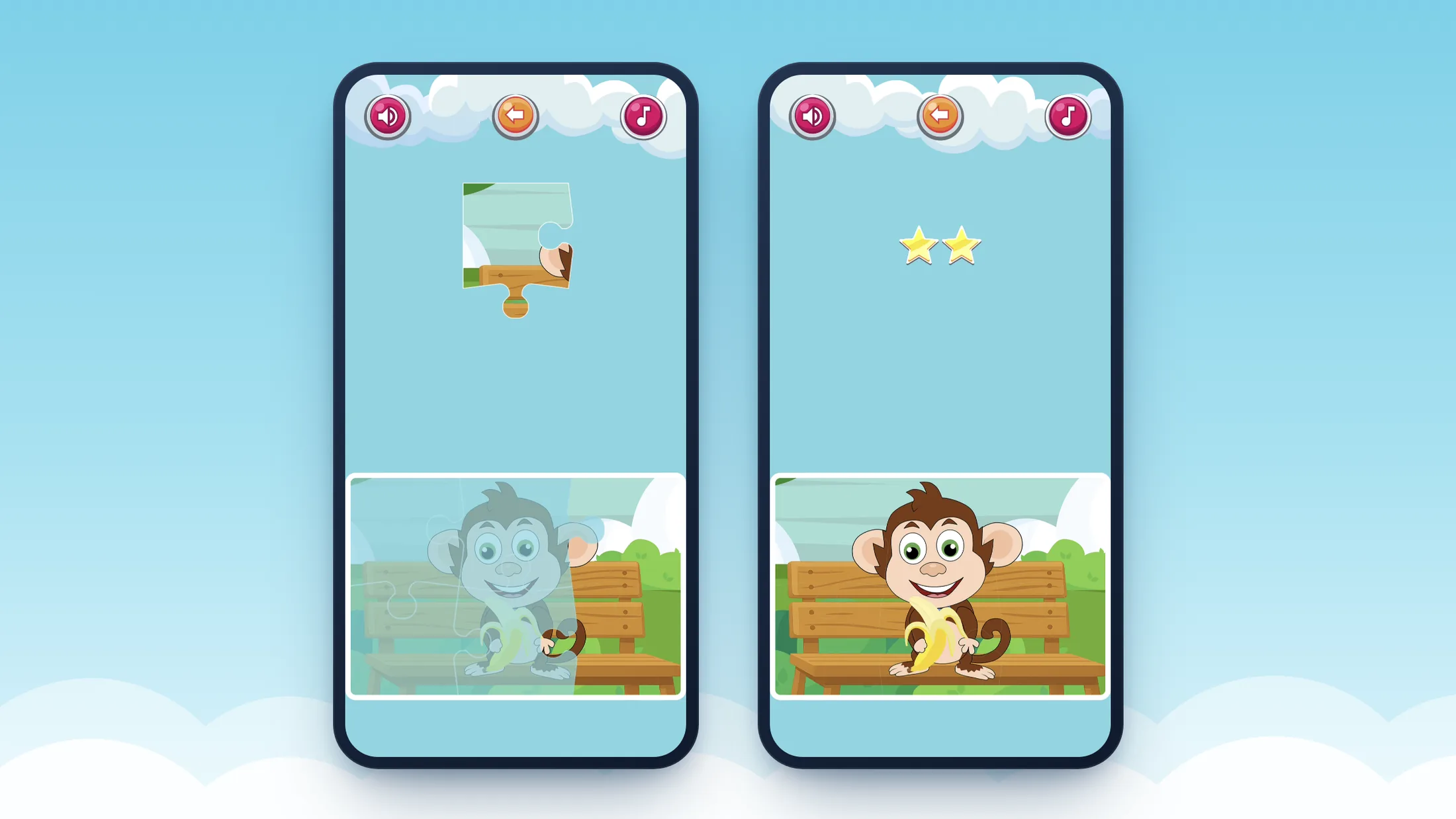 Two phones showing the puzzle: a piece of a monkey picture waiting above a faint copy of the picture, and the finished picture of a monkey with a banana on a park bench under two gold stars.