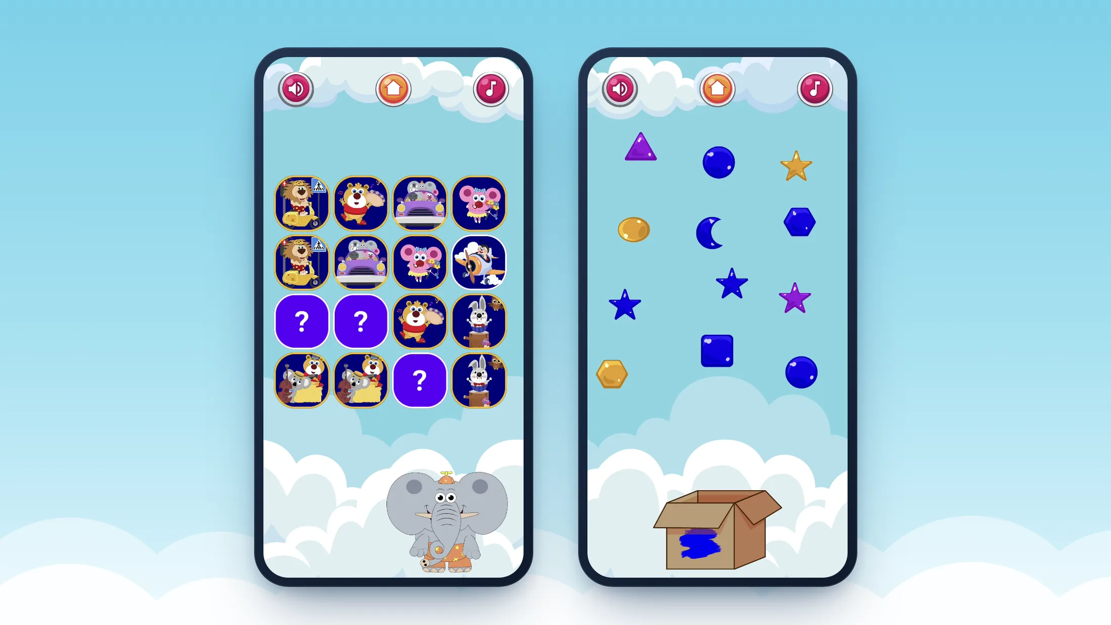 Two phones: a memory board of matched character cards with a few question-mark cards left, and the Oblikolandija field of coloured shapes above a cardboard box marked with a blue shape.