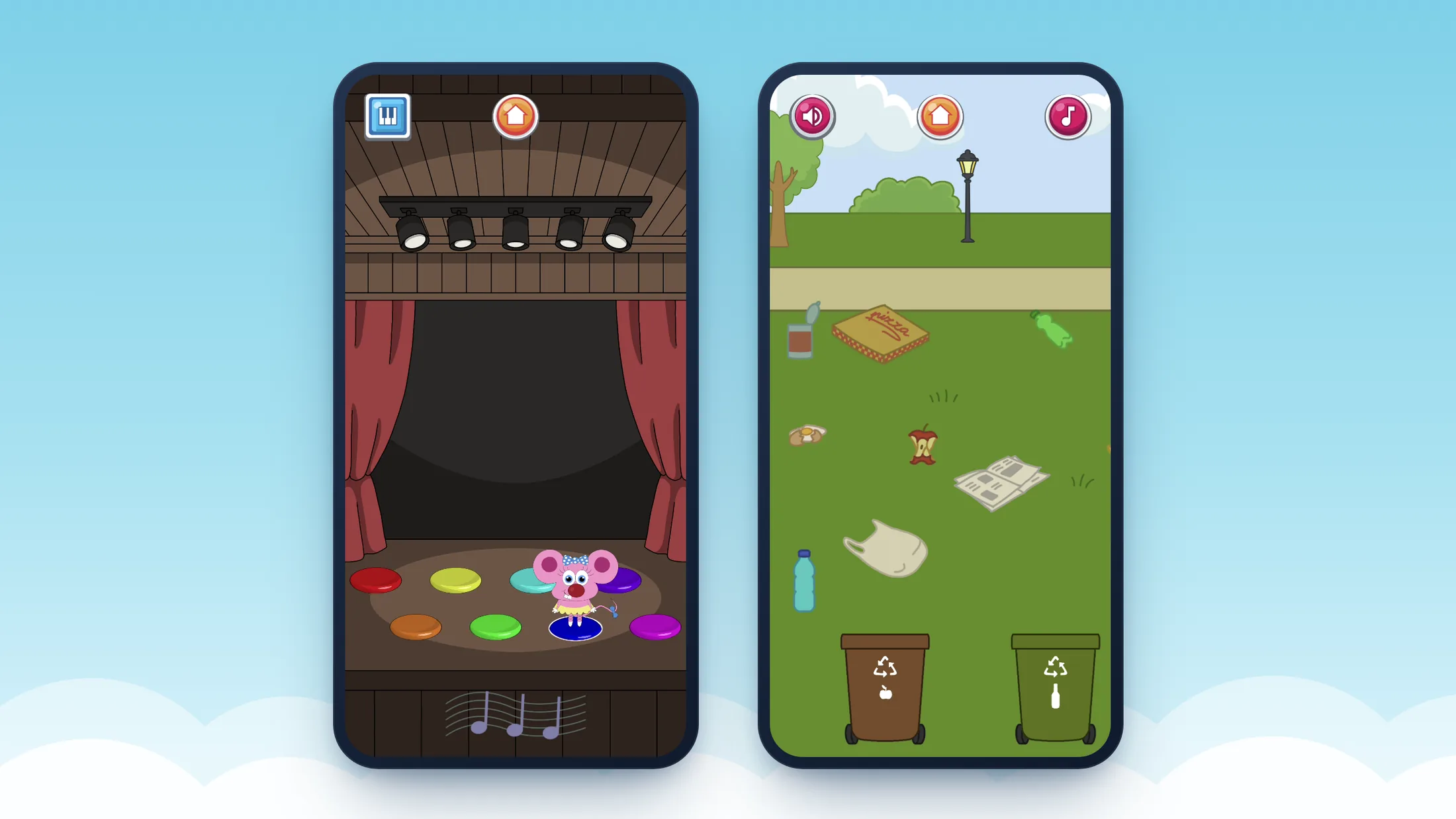 Two phones: Ena the mouse on a coloured pad on the music stage under the spotlights, and the park strewn with litter above the recycling bins.