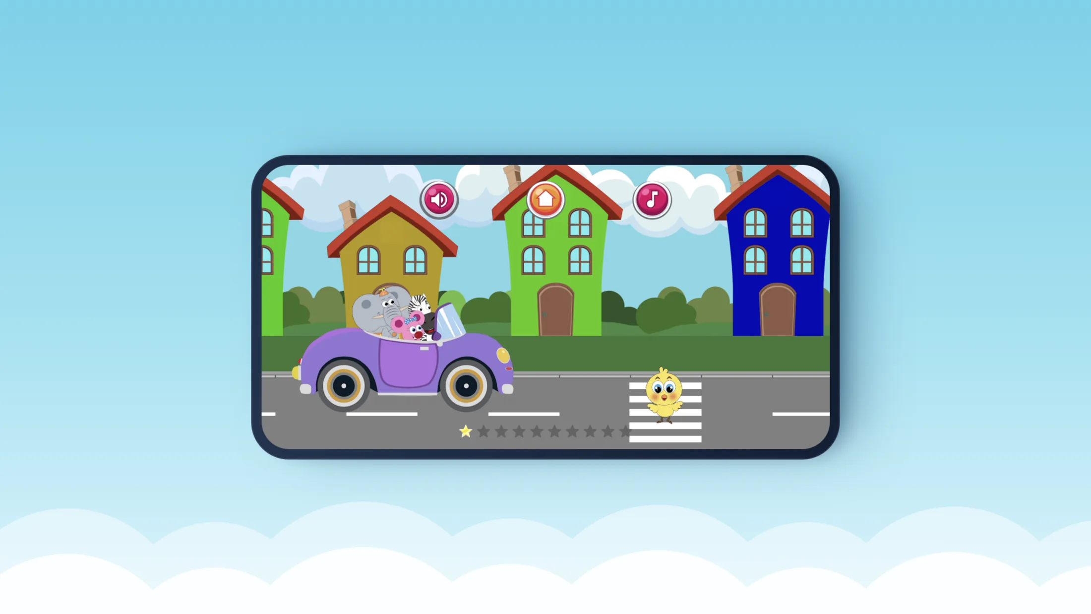 A phone turned sideways showing the traffic game: the purple car with the EnTenTinići inside, stopped in a street of colourful houses while a chick crosses at the zebra crossing.