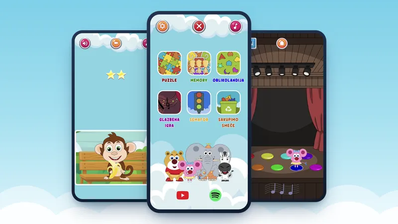 Three phones on a sky-blue background showing EnTenTinići: the game menu with six colourful game tiles and the cartoon animals Bruf, Ena, Ten and Tina in front, a finished monkey puzzle on one side and Ena on the music stage on the other.