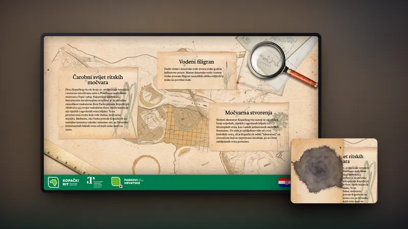 The Flora app on a large touch screen: notes about Kopački Rit pinned on an old map with a magnifying glass, and a close-up of a drop of ink spreading on paper.