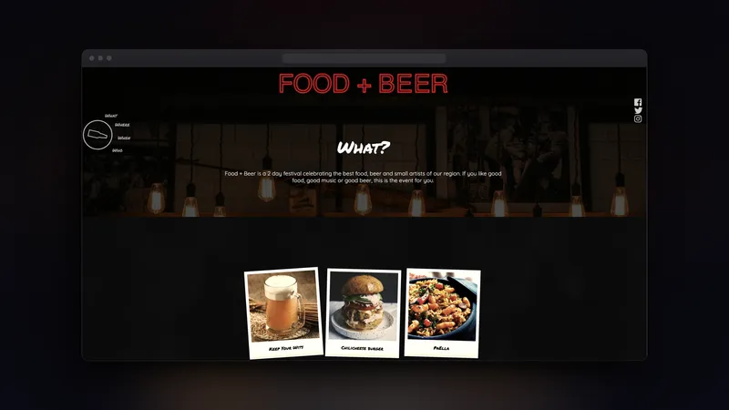 The Food + Beer festival website concept in a browser: neon title, a 'What?' introduction and polaroid photos of a beer, a burger and paella.