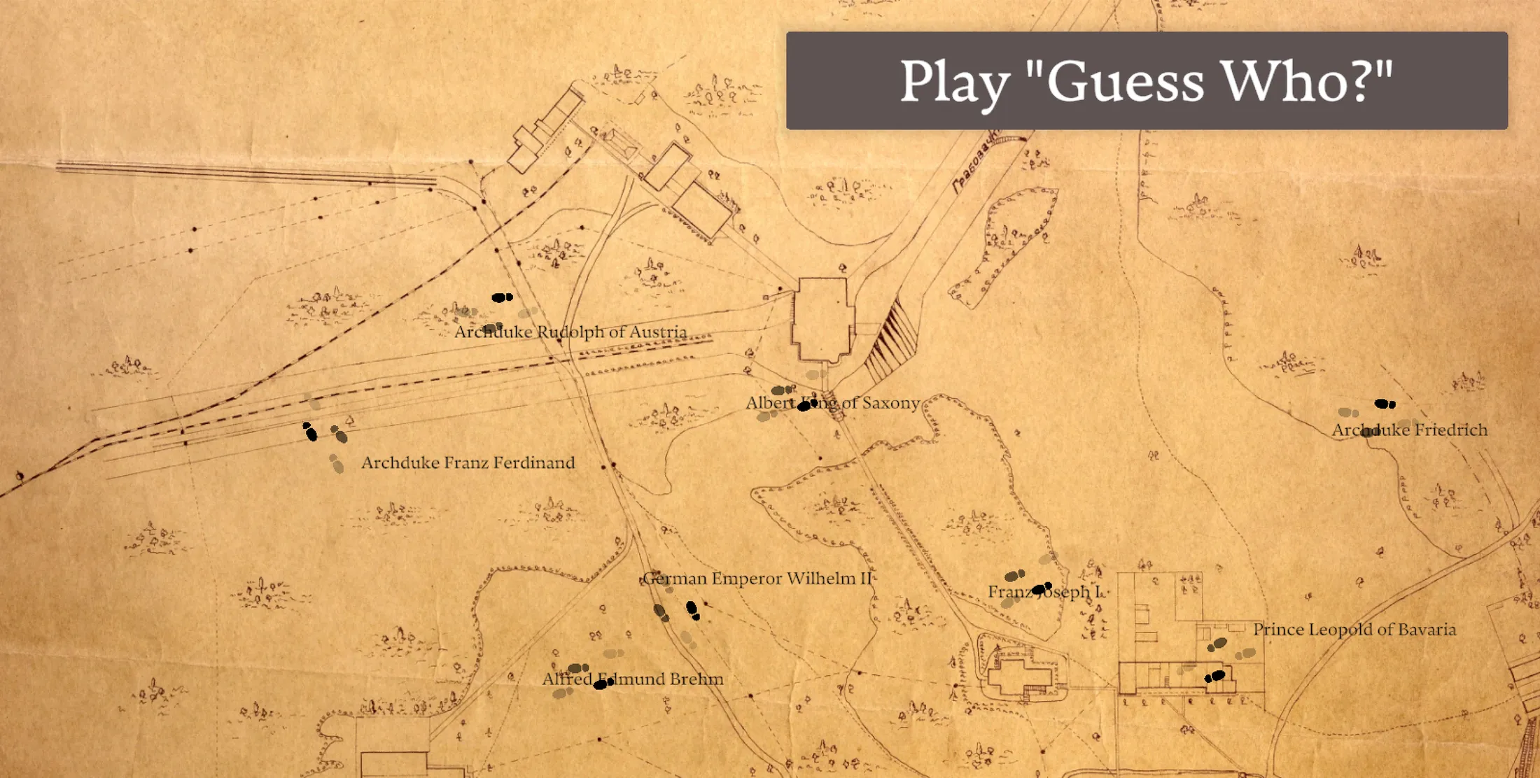 The title screen: the characters’ names wander across an old map, each leaving footsteps behind as a metaphor for their place in history, under a “Play Guess Who?” button