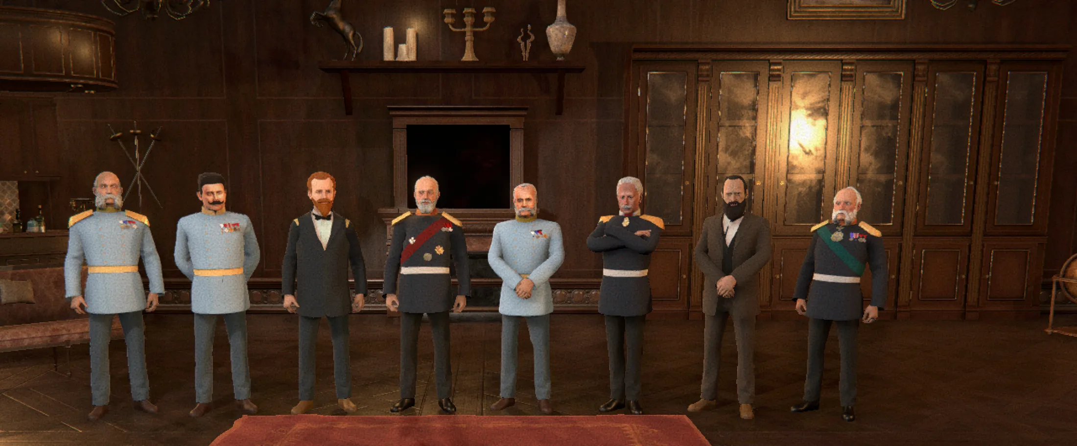 The game’s historical characters lined up side by side in the semi-realistic period living room, waiting for one of them to step forward