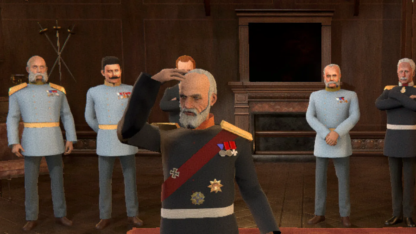 After a wrong guess, a white-bearded character in a dark uniform with a red sash answers with a theatrical salute in front of the others