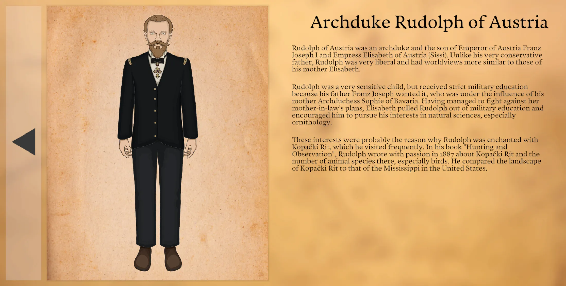 The biography page for Archduke Rudolph of Austria: an illustrated full-body portrait on aged paper beside a short biography