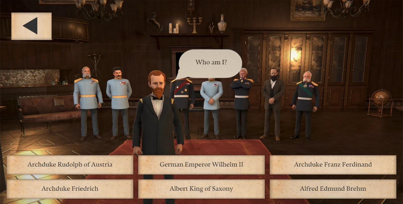 Habsburgs and Friends: Archduke Rudolph steps forward in a period living room and asks “Who am I?”, above six answer buttons with historical names.