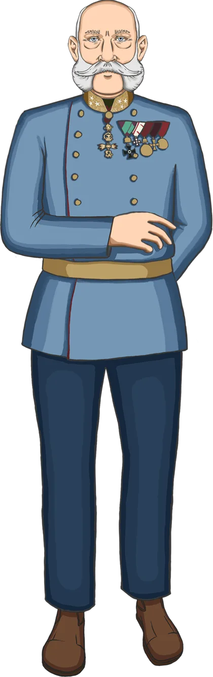 The game's illustrated full-length portrait of Franz Joseph I in a blue uniform
