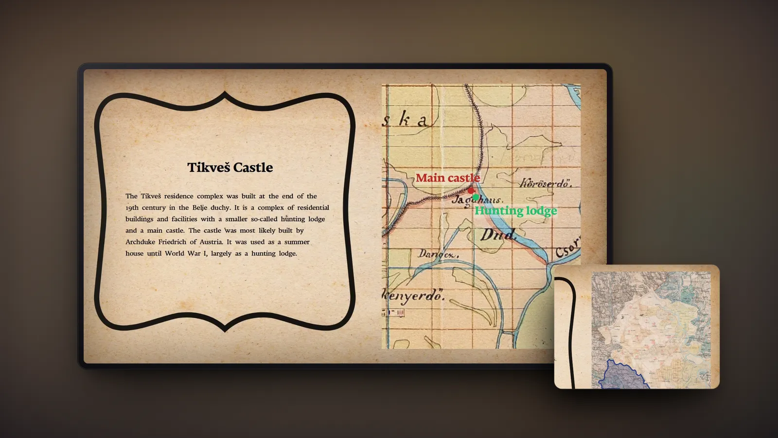 Frames from the History of Belje film on screens: a card on Tikveš Castle beside an old map marking the castle and hunting lodge, and a map detail.