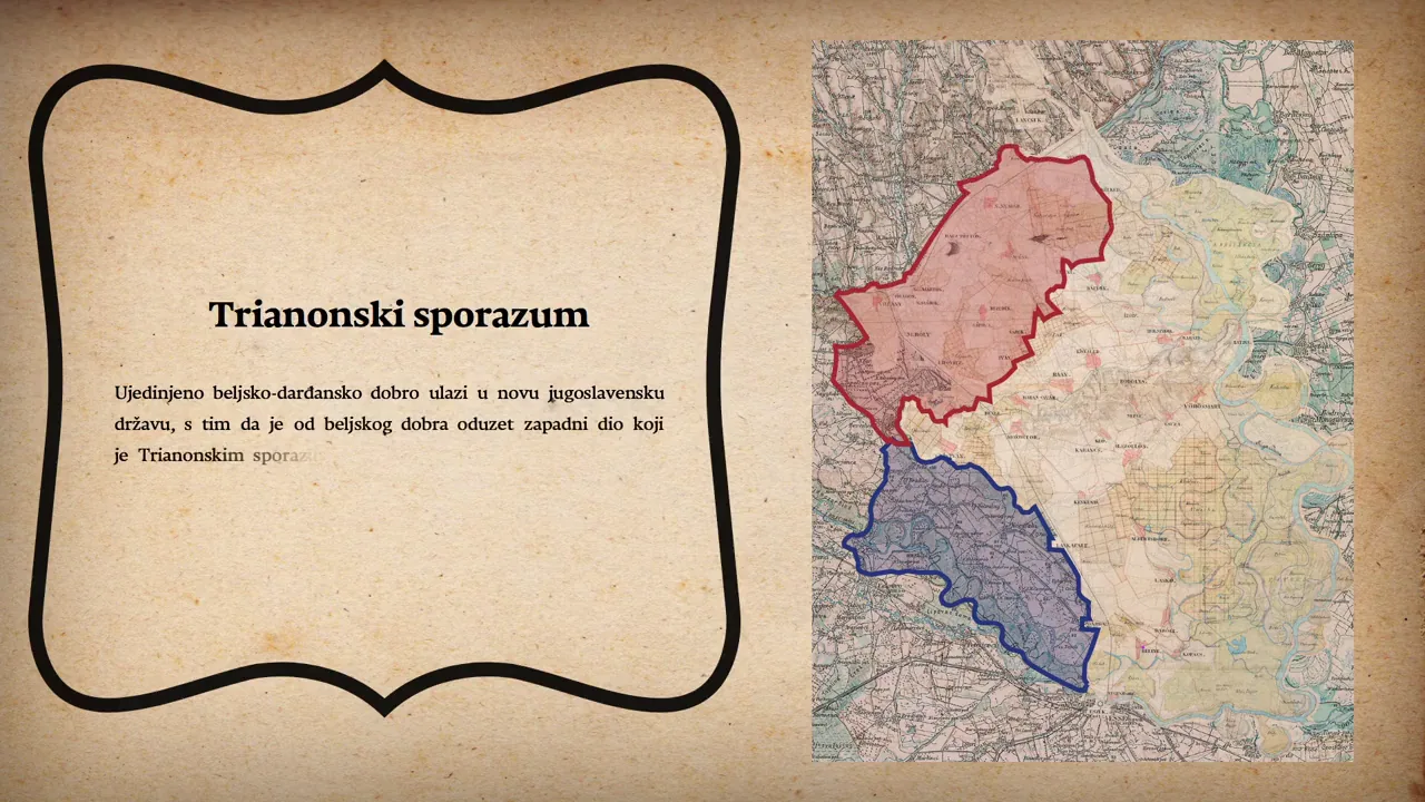 Still from the film: the chapter on the Treaty of Trianon, with two parts of the estate outlined in red and blue on an old map.