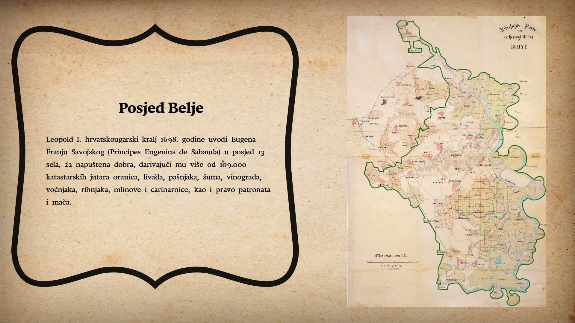 Still from the film: the chapter on the Belje estate, next to a historical map of its lands.