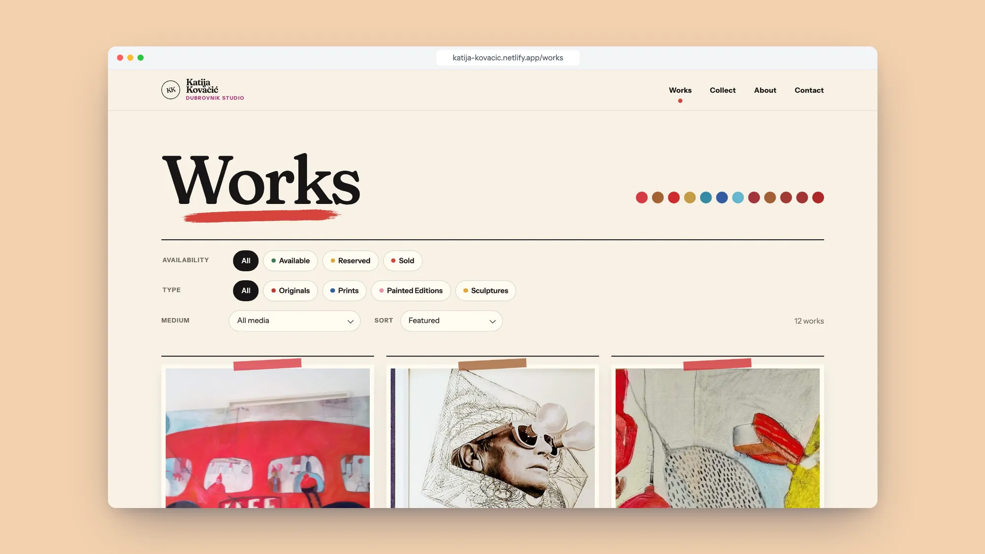 The Works page: a row of colour dots, one for each painting, above availability and type filters and a grid of paintings, each pinned with a strip of tape in its own colour.