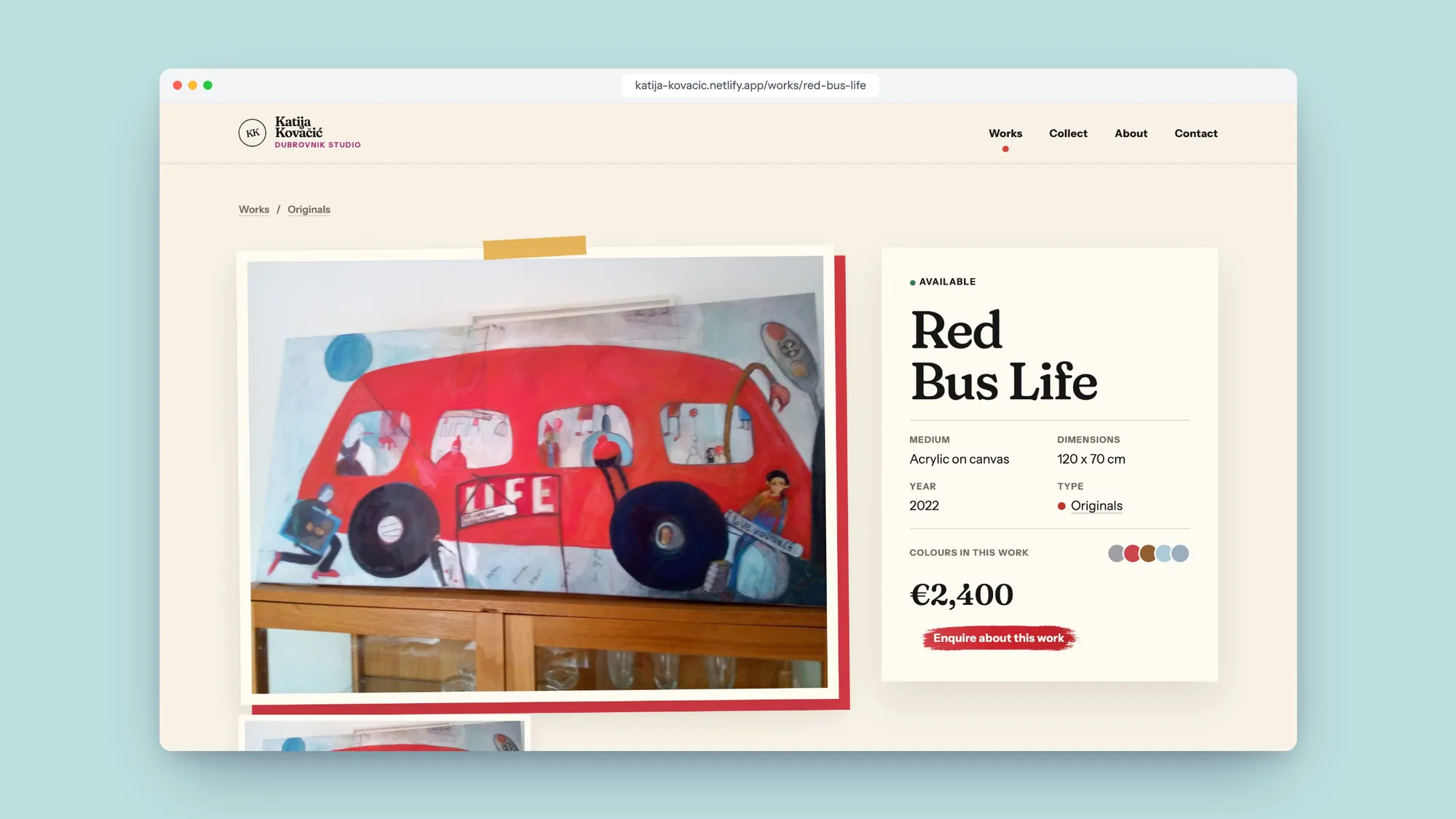 The Red Bus Life page: the painting in a red frame beside a card with its availability, medium, size, year, five colour swatches, price and a red 