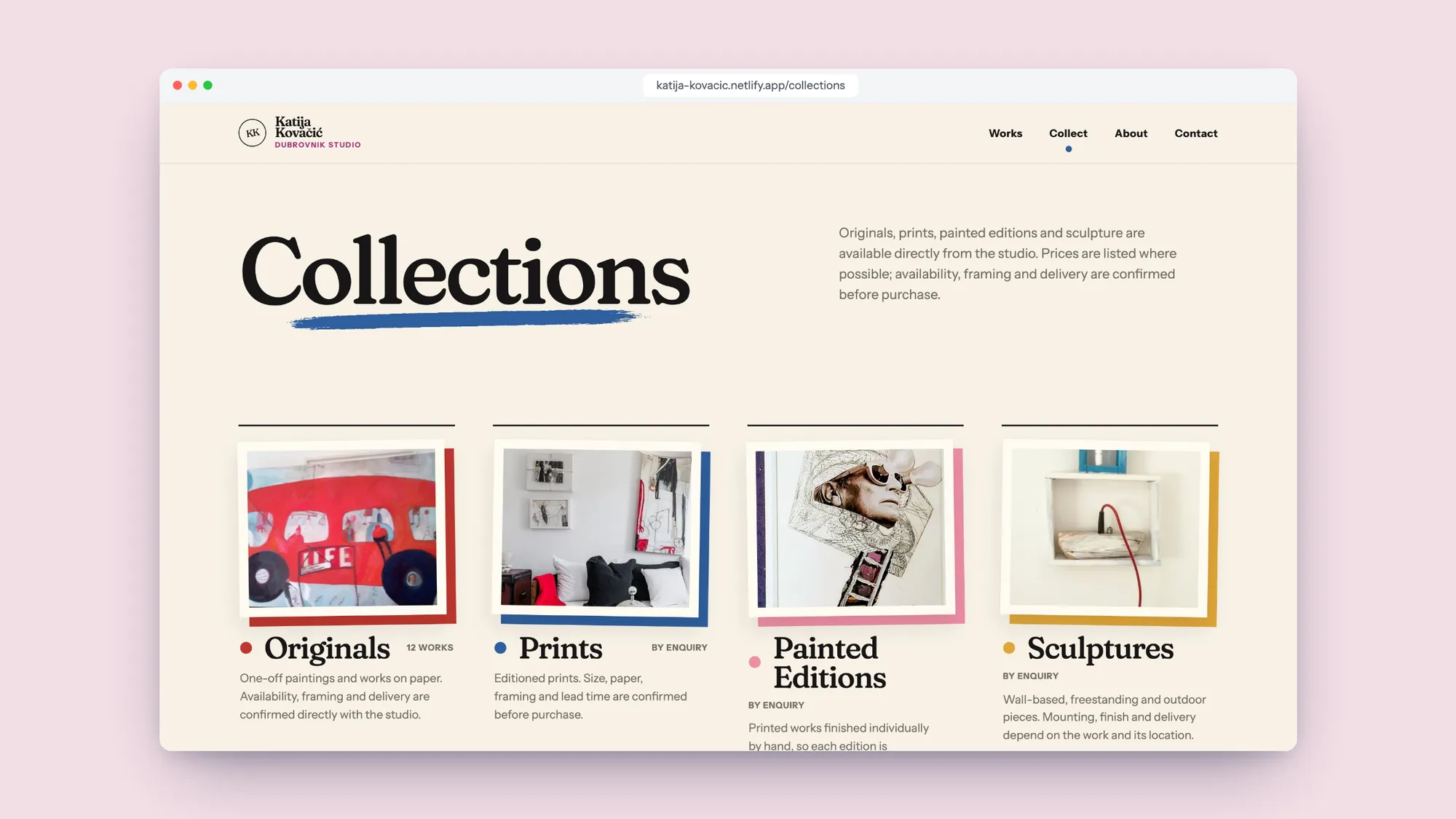 The Collections page: tiles for Originals, Prints, Painted Editions and Sculptures, each with a coloured dot and a photo frame in the same colour.