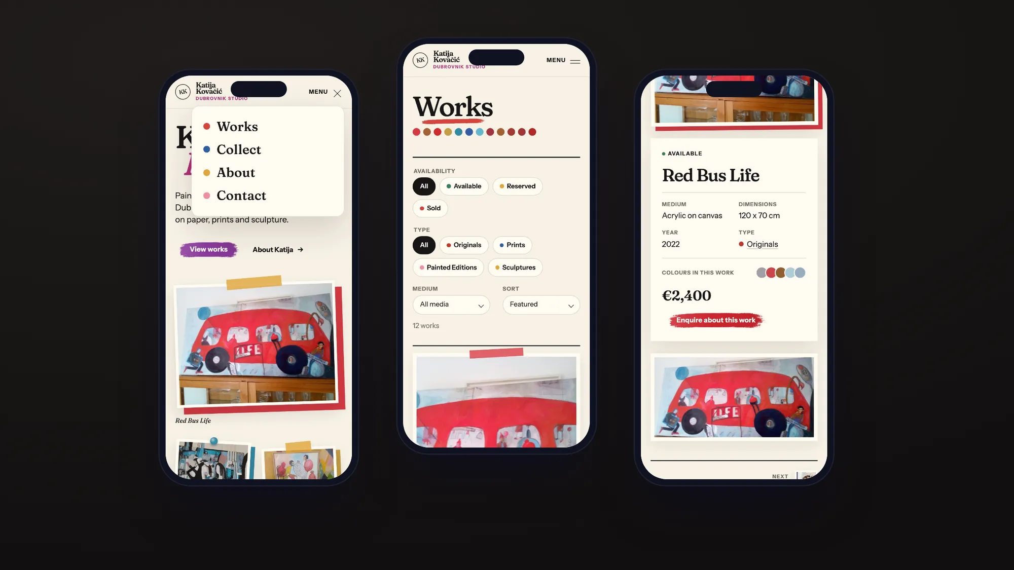 Three phones showing the open menu with a coloured dot for each section, the availability and type filters on the Works page, and the Red Bus Life page with its colour swatches and price.