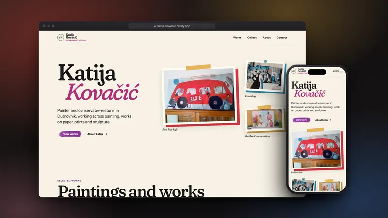 The Katija Kovačić home page on a laptop and a phone: her name in black and coral beside a wall of three paintings, the red bus of Red Bus Life largest.
