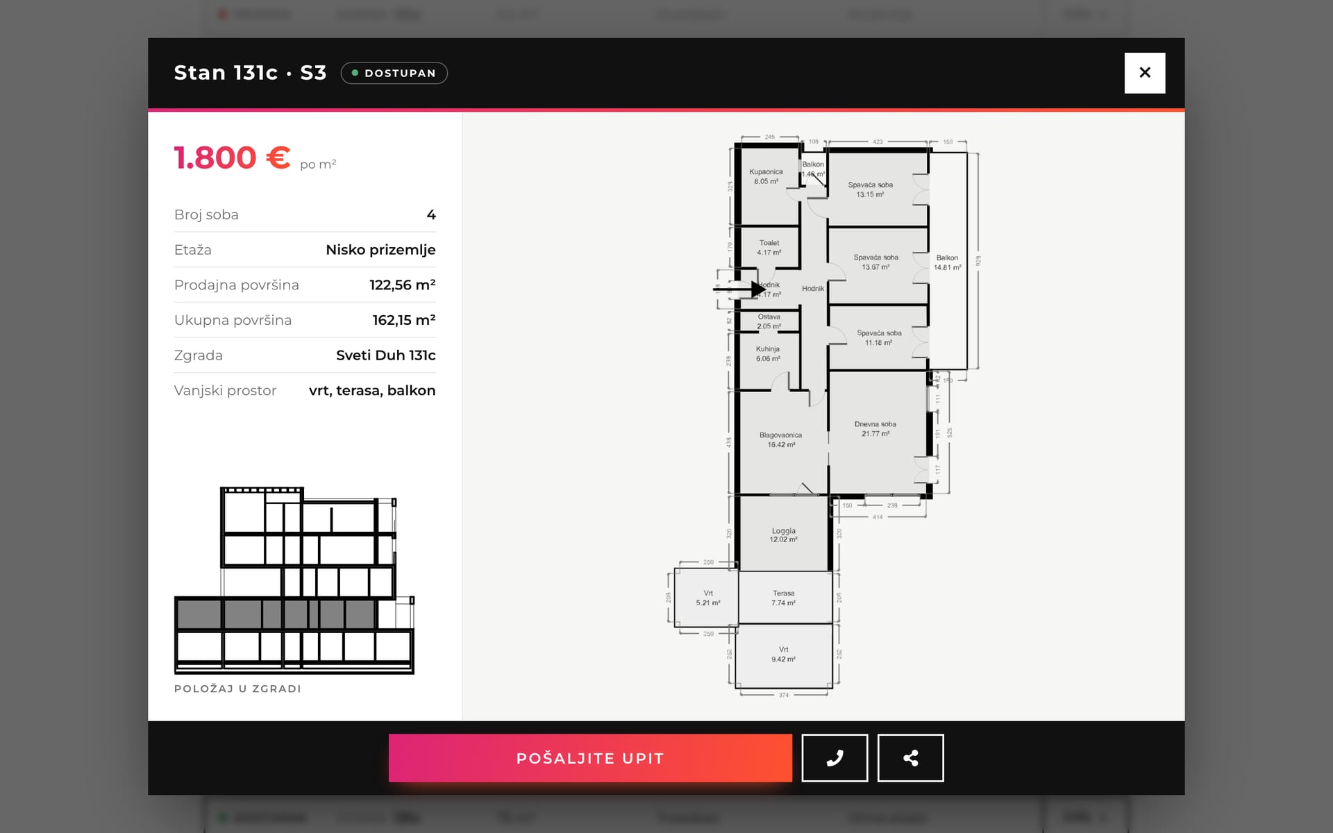 A unit detail view with price per square meter, areas, a diagram of its position in the building and the floor plan.