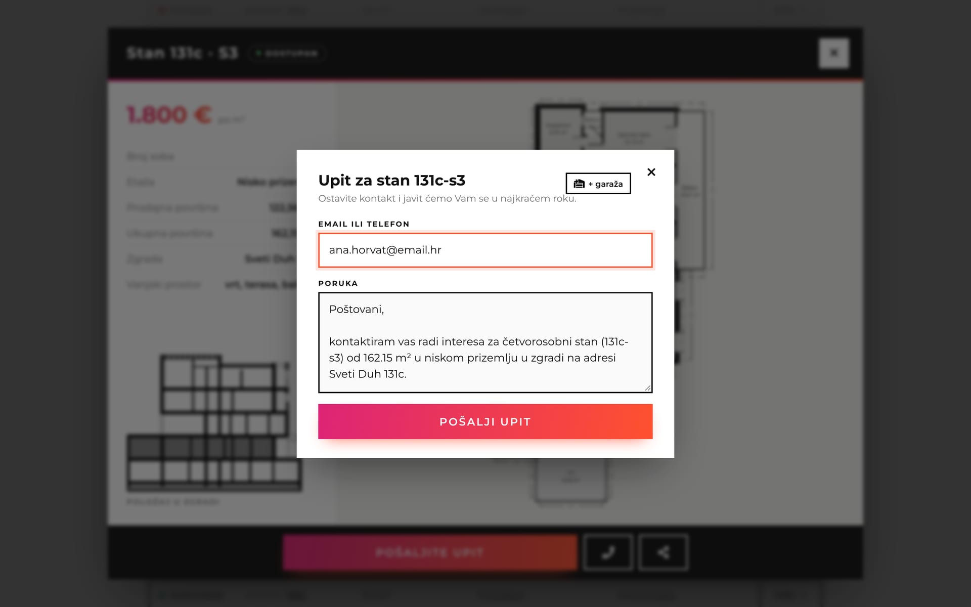 The inquiry pop-up over a unit's details.