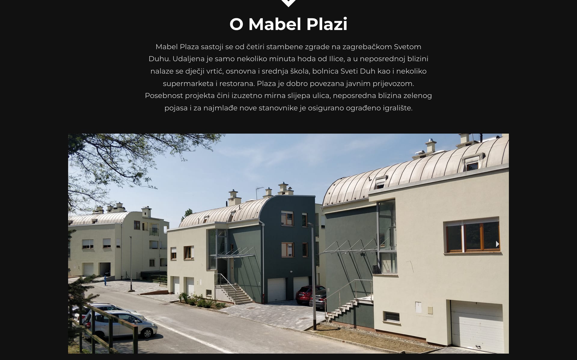 The About section with a photo gallery of the complex.
