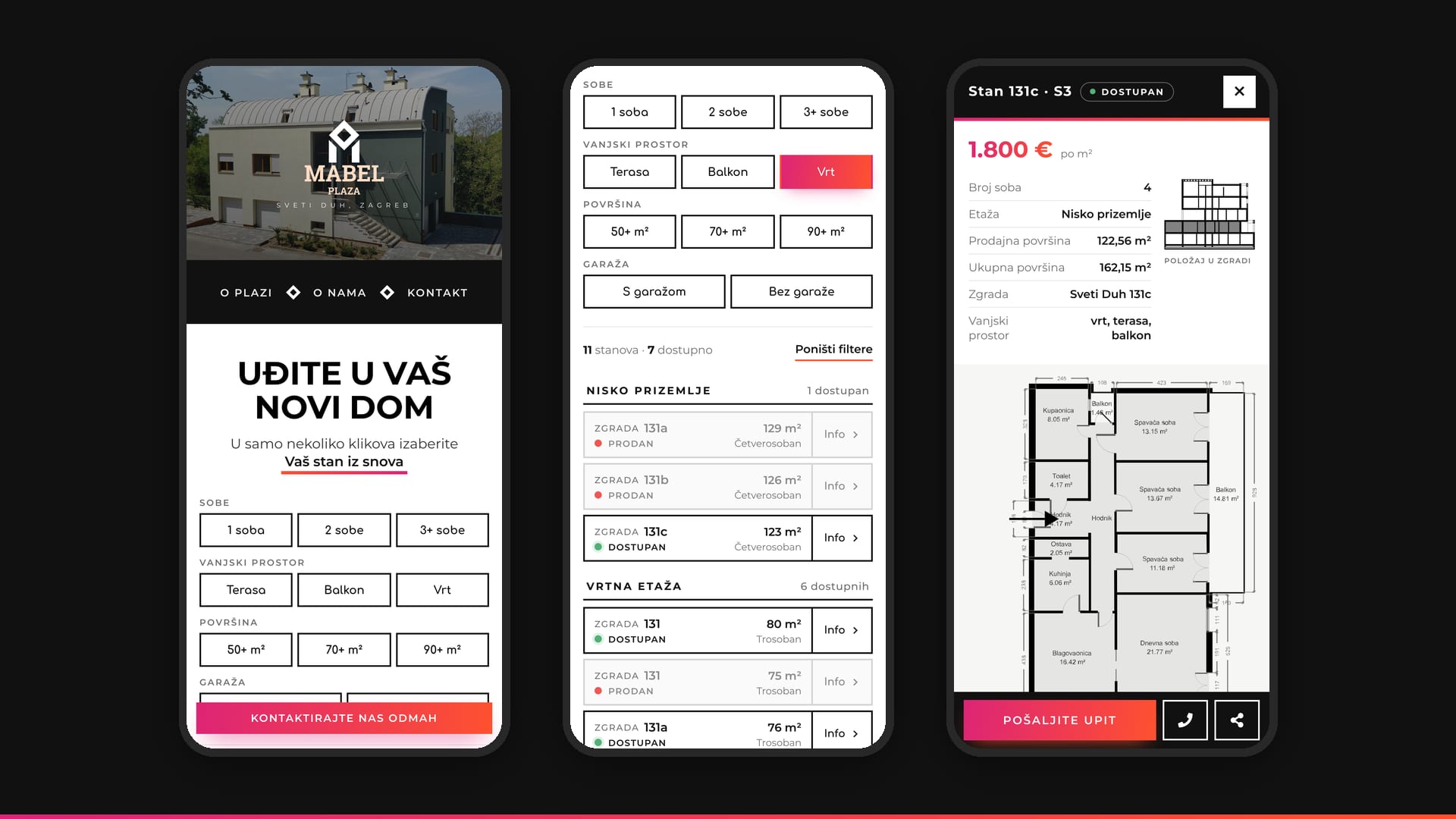 Three phones showing the home page, the filterable list and a unit detail view.