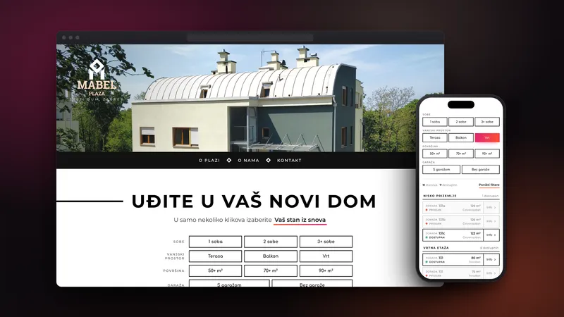 The Mabel Plaza website in a browser and on a phone: the building photo and apartment filters on desktop, the filtered list of apartments on mobile.