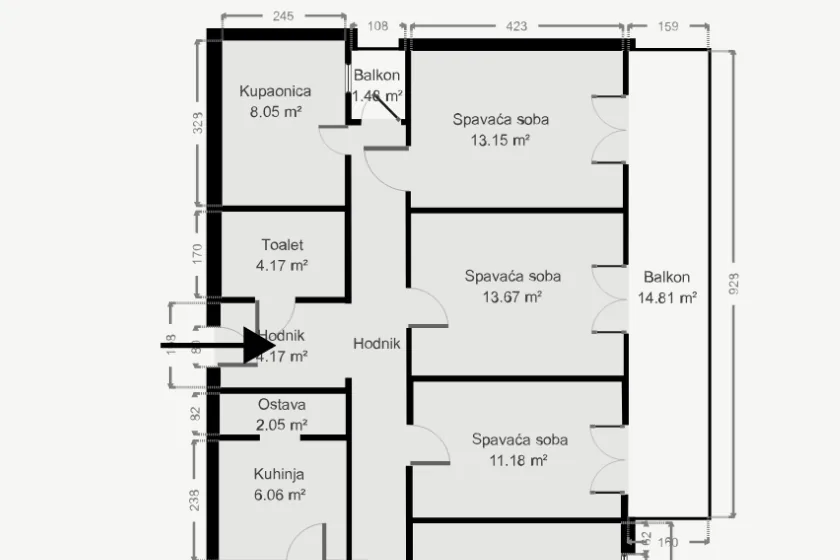Close-up of a floor plan in the unit view, with every room labelled with its area and the entrance marked by an arrow.