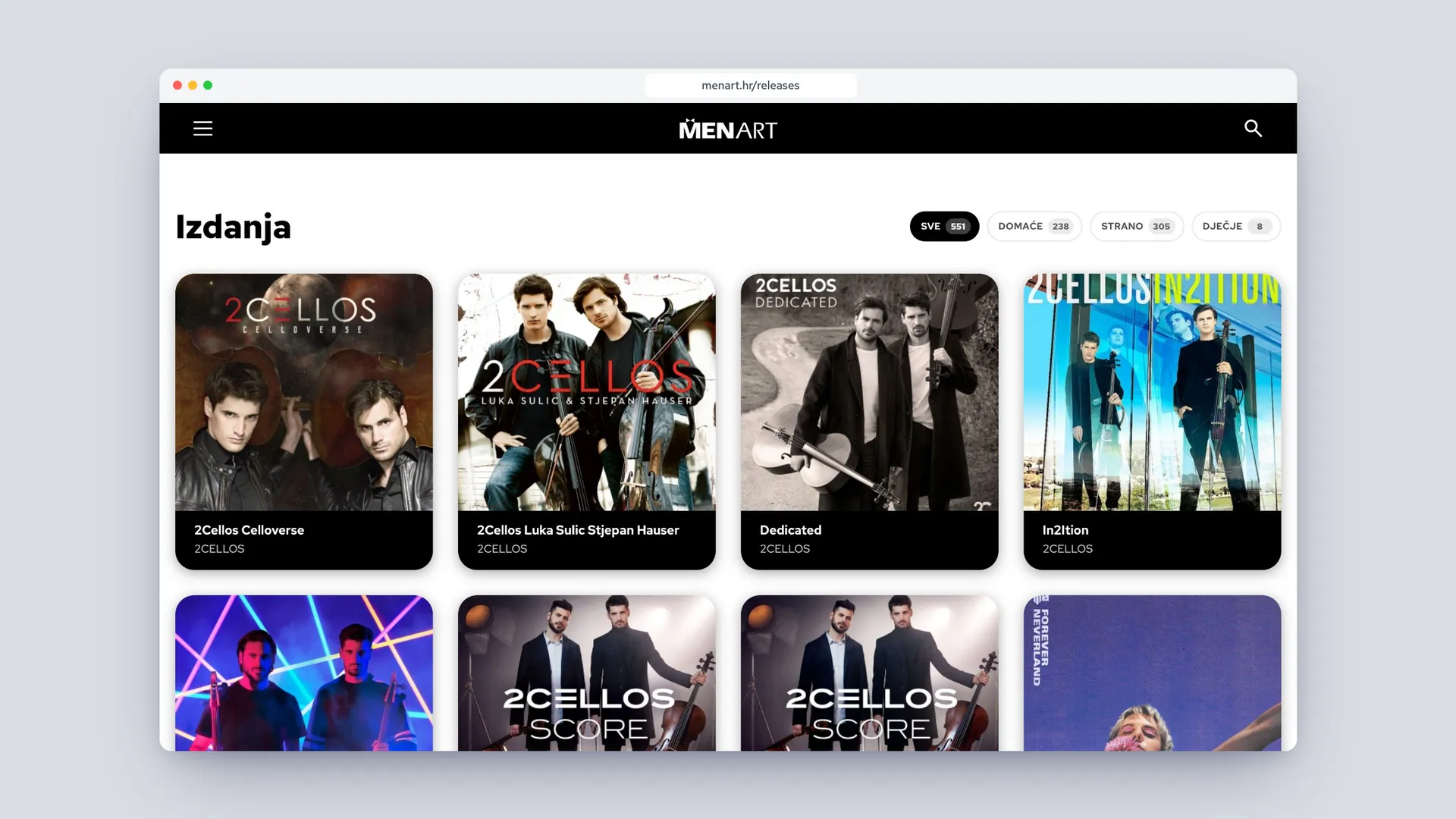 The Releases page: a grid of album covers under filters for all, domestic, foreign and children's releases.