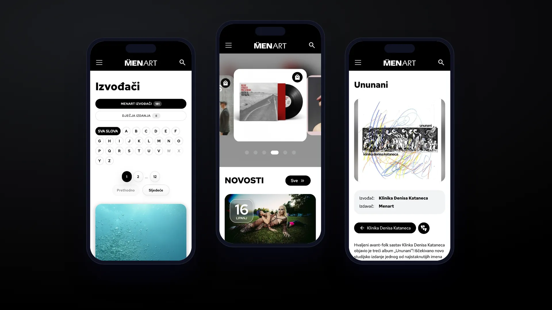Three phones showing the A–Z artist index, the home page carousel and an album page.