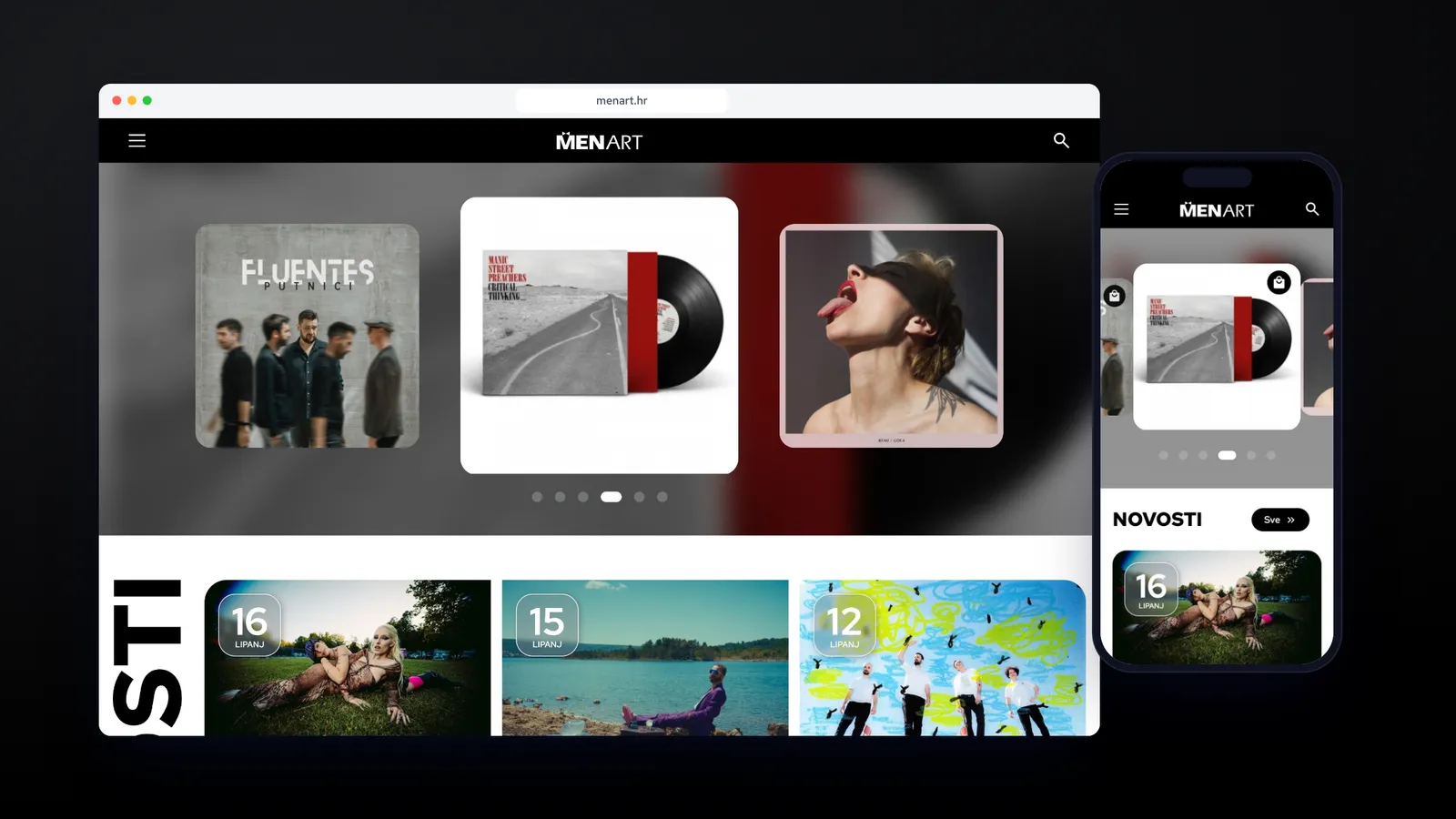 The new menart.hr home page on a laptop and a phone: a carousel of new release covers above the latest news.