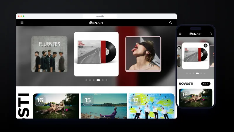 The new menart.hr home page on a laptop and a phone: a carousel of new release covers above the latest news.